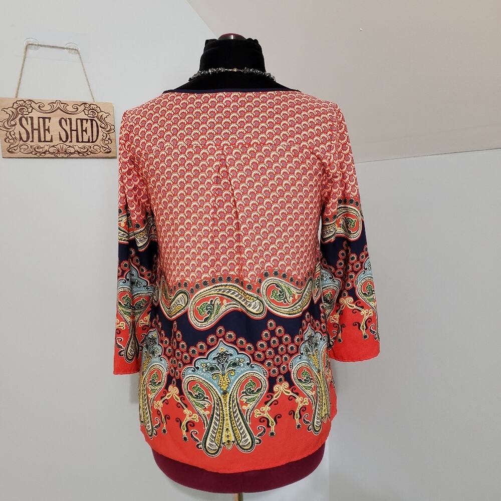 Split Neck 3/4 Sleeve Pullover Tangerine Paisley Tunic Top by Miami Medium - Picture 3 of 12